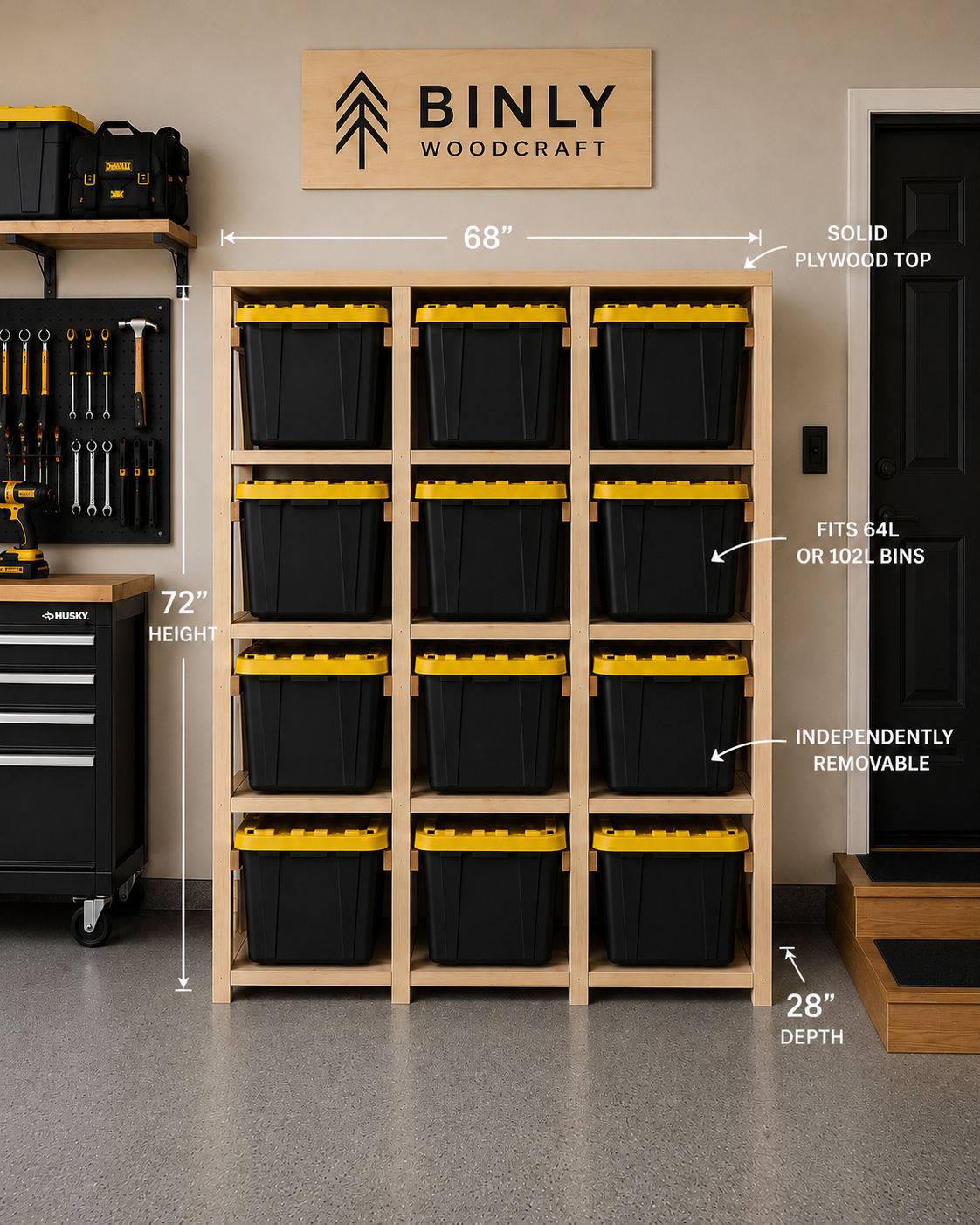 Binly Woodcraft Workbench Tote Shelf with stacked black and yellow totes