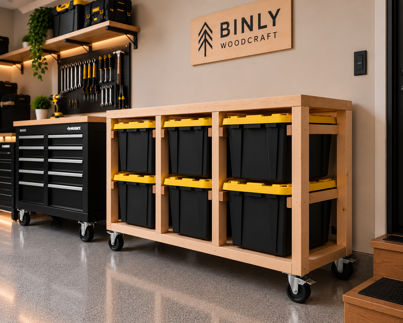 Angled view of the Binly Woodcraft Workbench with six black and yellow totes beside a tool chest