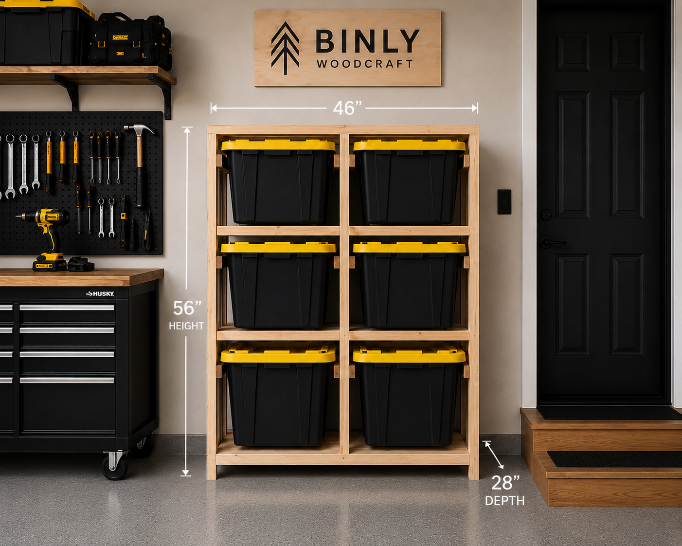 Binly Woodcraft Tote Shelf, 56 inches high, 46 inches wide, and 28 inches deep