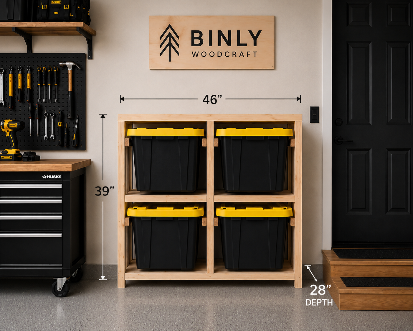 Binly Woodcraft Tote Shelf, 39 inches high, 46 inches wide, and 28 inches deep