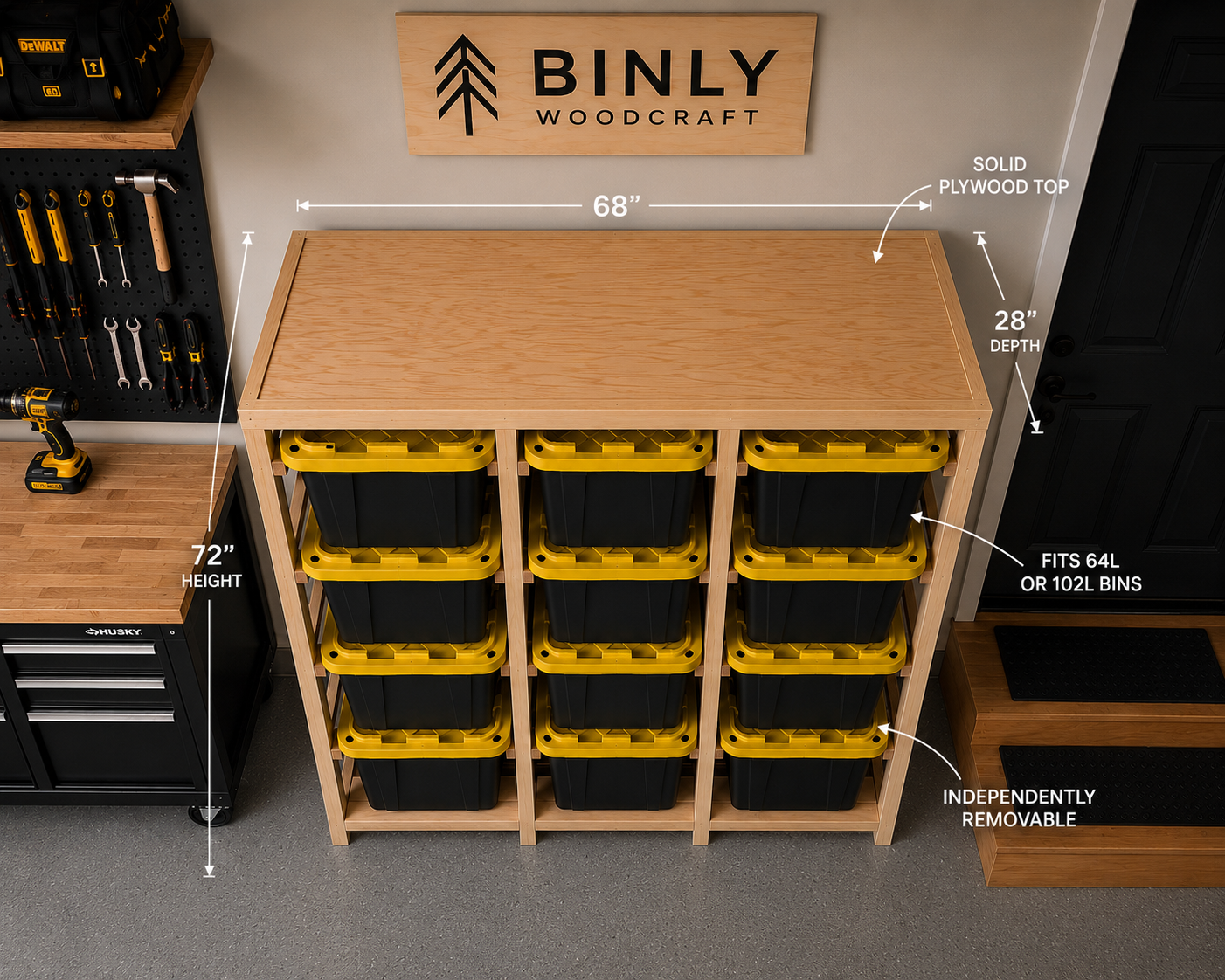 Top-down view of the Binly Woodcraft Workbench Tote Shelf showing the solid plywood top