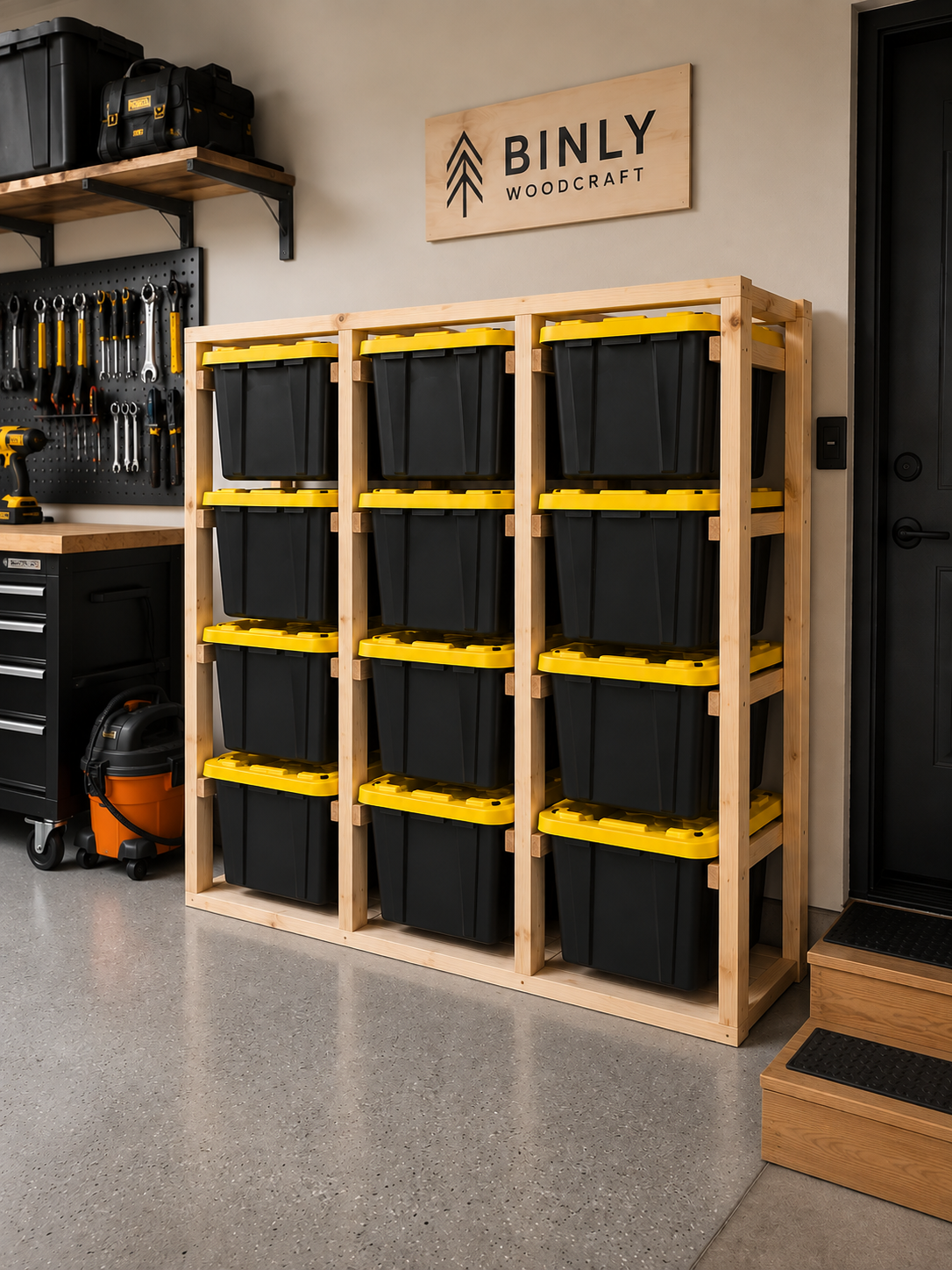 Binly Woodcraft Tote Shelf 3 Wide, 68 inches wide with twelve stacked black and yellow totes in a garage