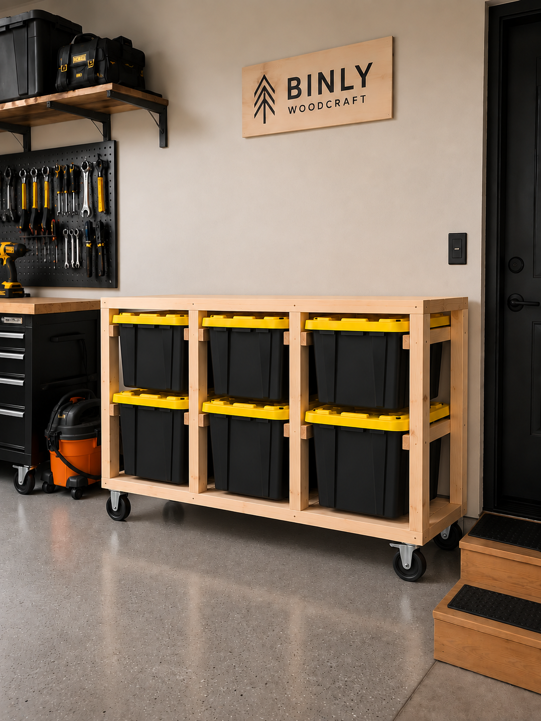 Binly Woodcraft Workbench, 68 inches wide with a solid plywood work surface and six black and yellow totes below