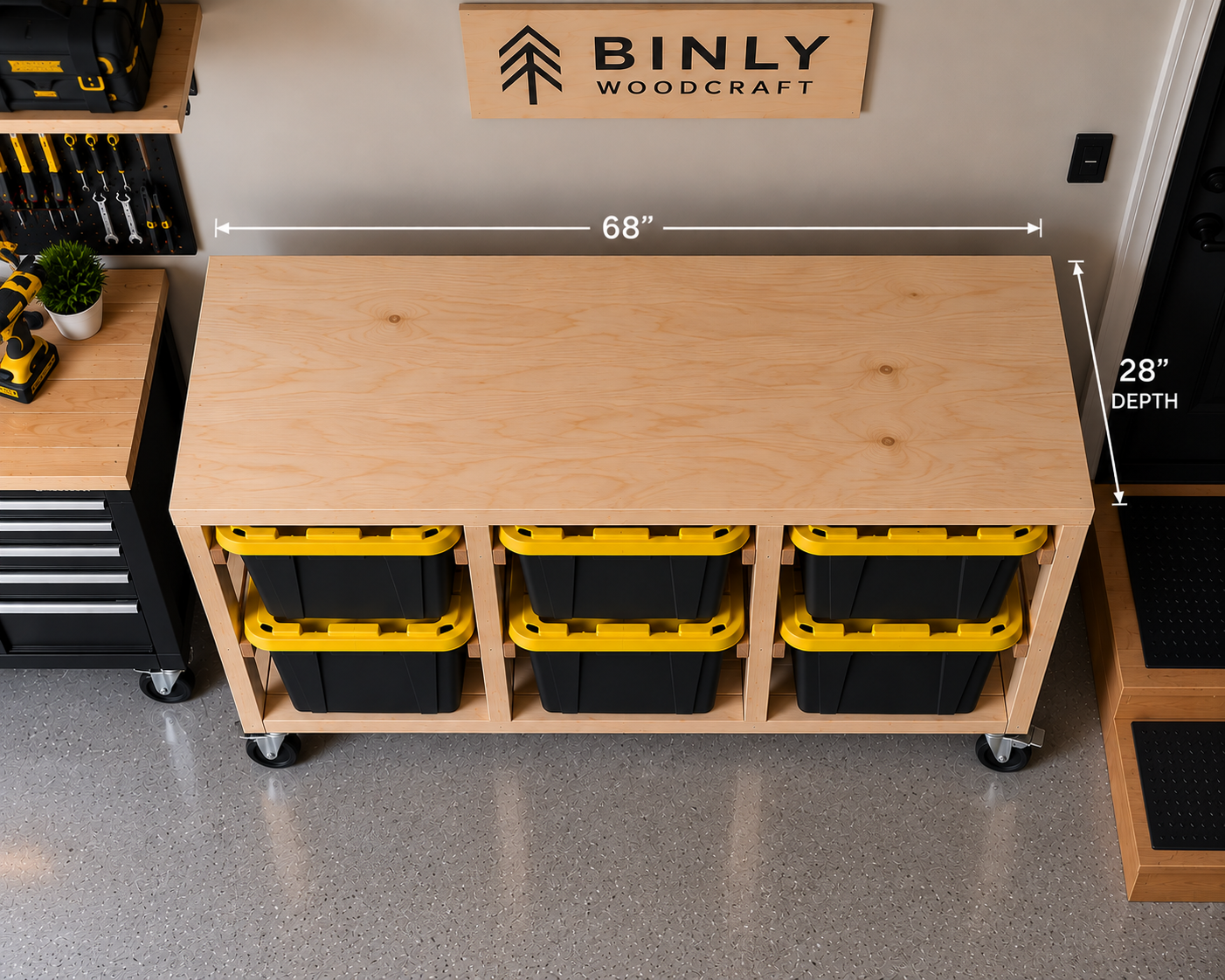 Top-down view of the Binly Woodcraft Workbench showing the plywood work surface and 68-inch width