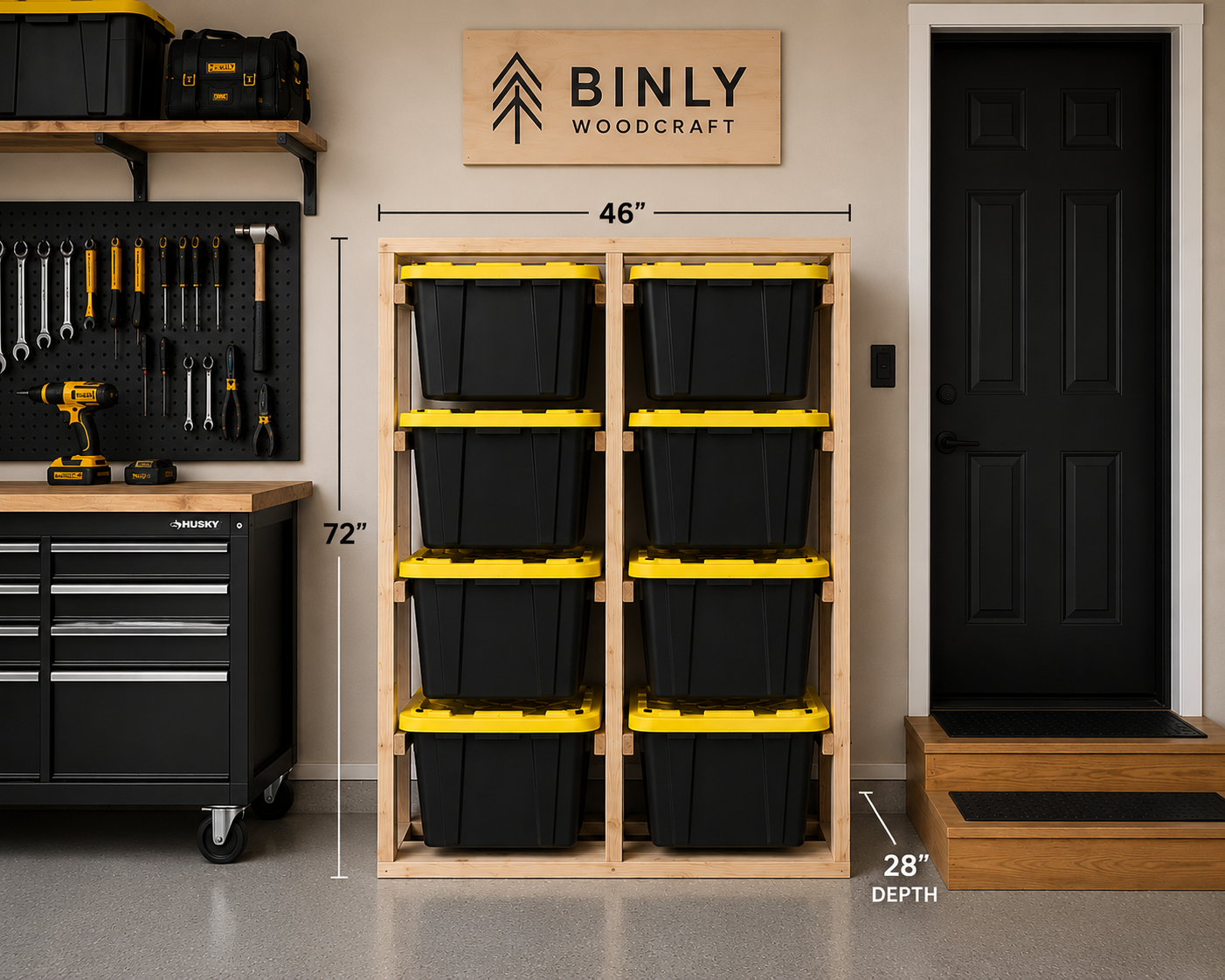 Binly Woodcraft Tote Shelf, 72 inches high, 46 inches wide, and 28 inches deep