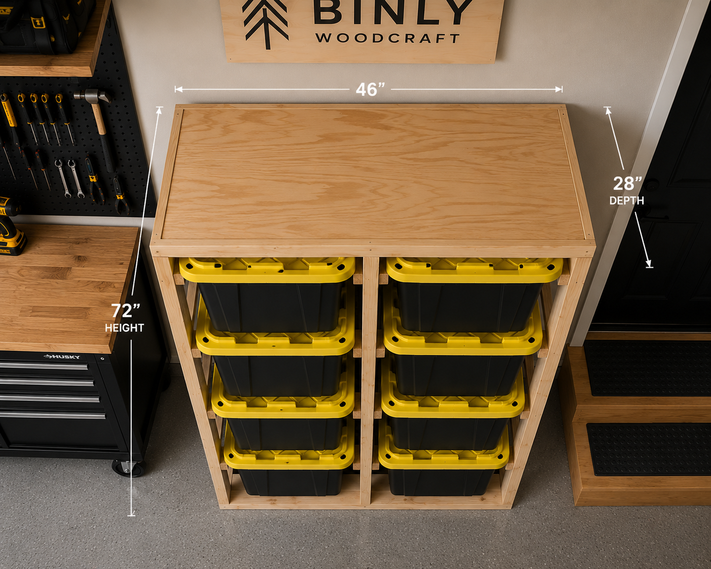 Top-down view of the Binly Woodcraft Tote Shelf showing the work surface and tote storage