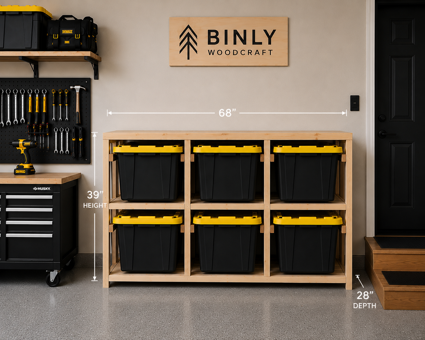 Binly Woodcraft Workbench Tote Shelf, 39 inches high with 6 totes and a plywood work surface