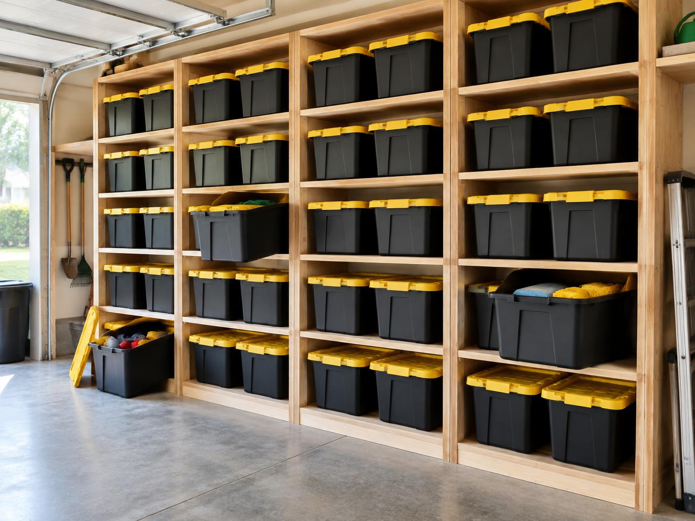 Full garage wall lined with plywood shelving holding rows of matching storage totes