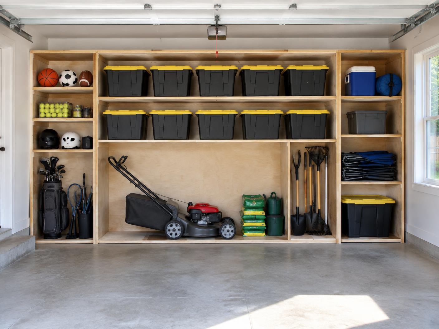 Single-car garage fitted with one full wall of plywood shelving and organized totes