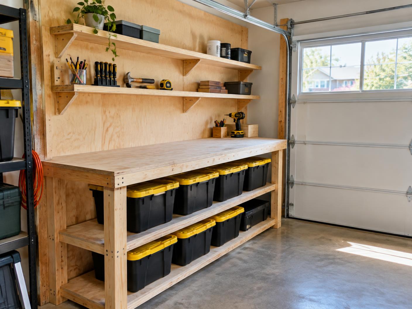 Finished garage workshop corner with a plywood workbench and tote storage underneath