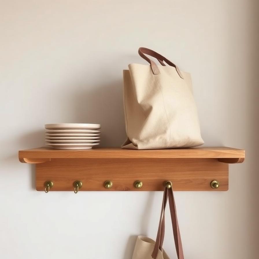 Oak shelf with five brass hooks