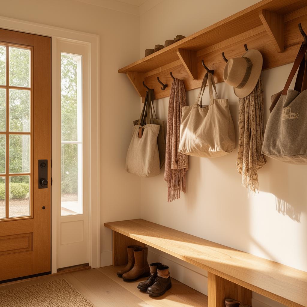 Sunlit mudroom with oak tote shelves organized with bags, scarves, and a hat